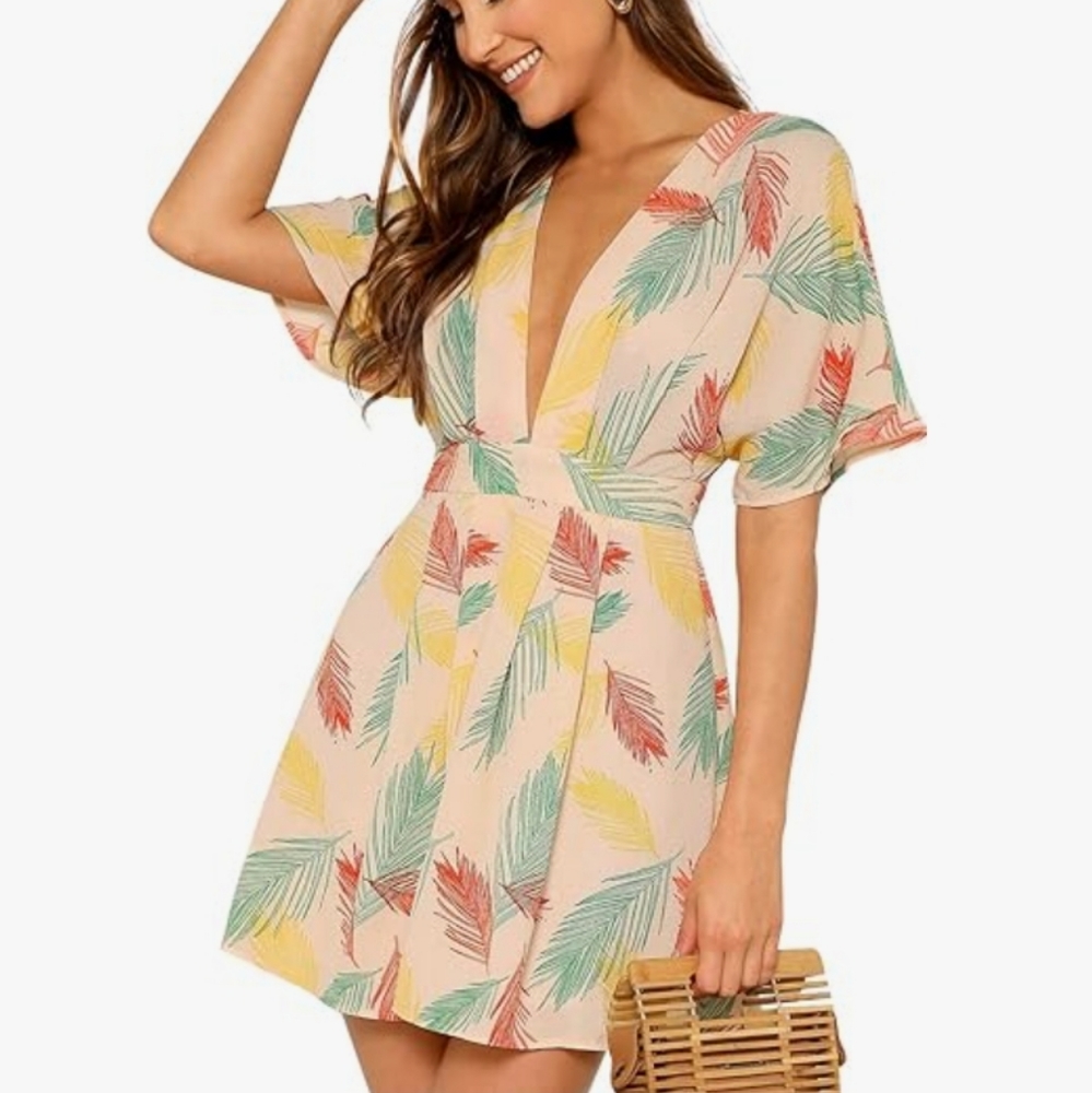 Women's Tropical Floral Plunging V Neck Tie Open Back Summer Short Dress